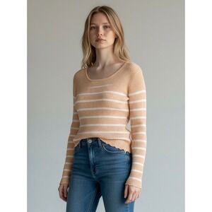 Striped Ribbed Knit XL Scoop Neck Top Apricot White Core Sweater